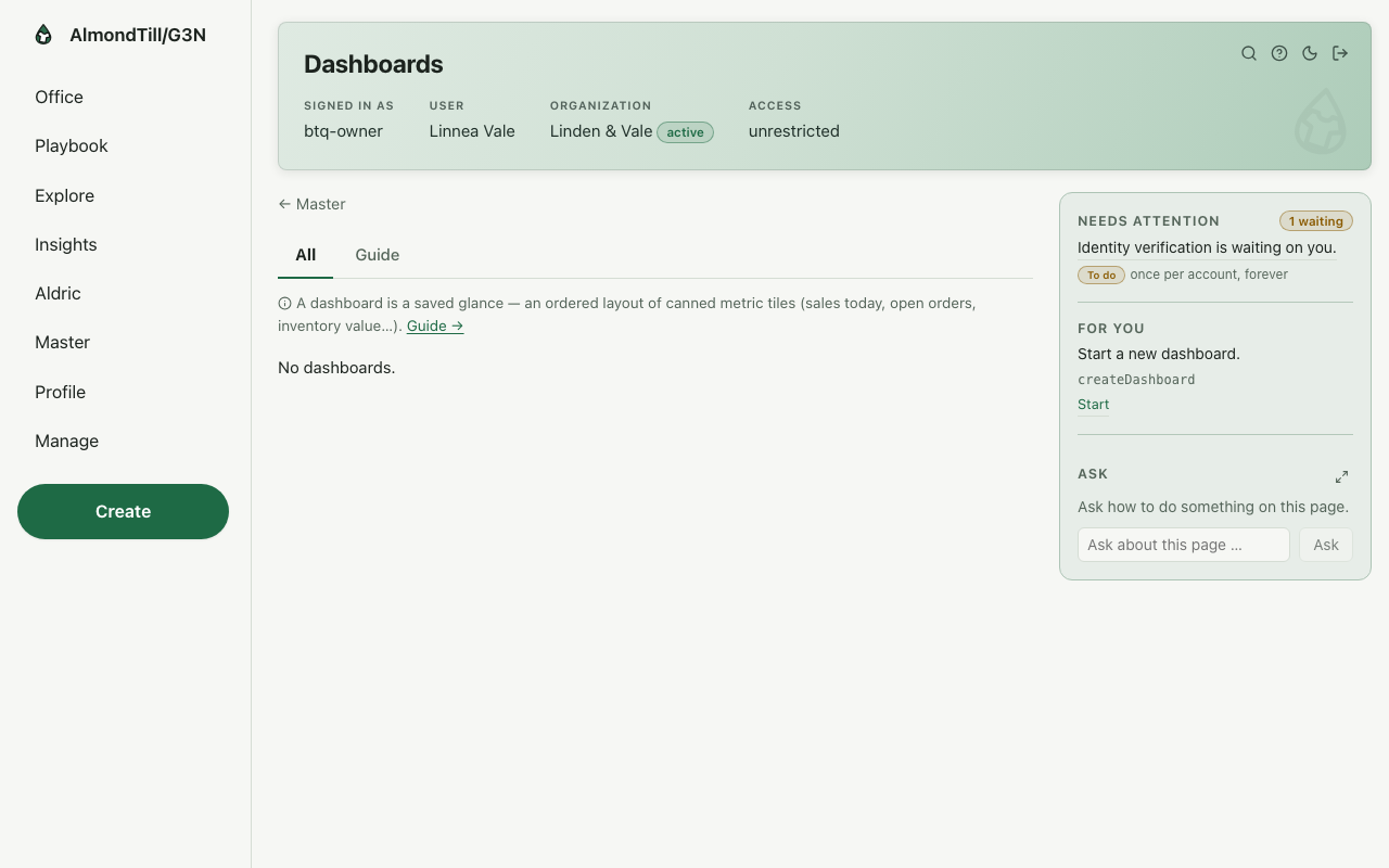 The owner's dashboards in the back office: the morning's figures as cards and charts
